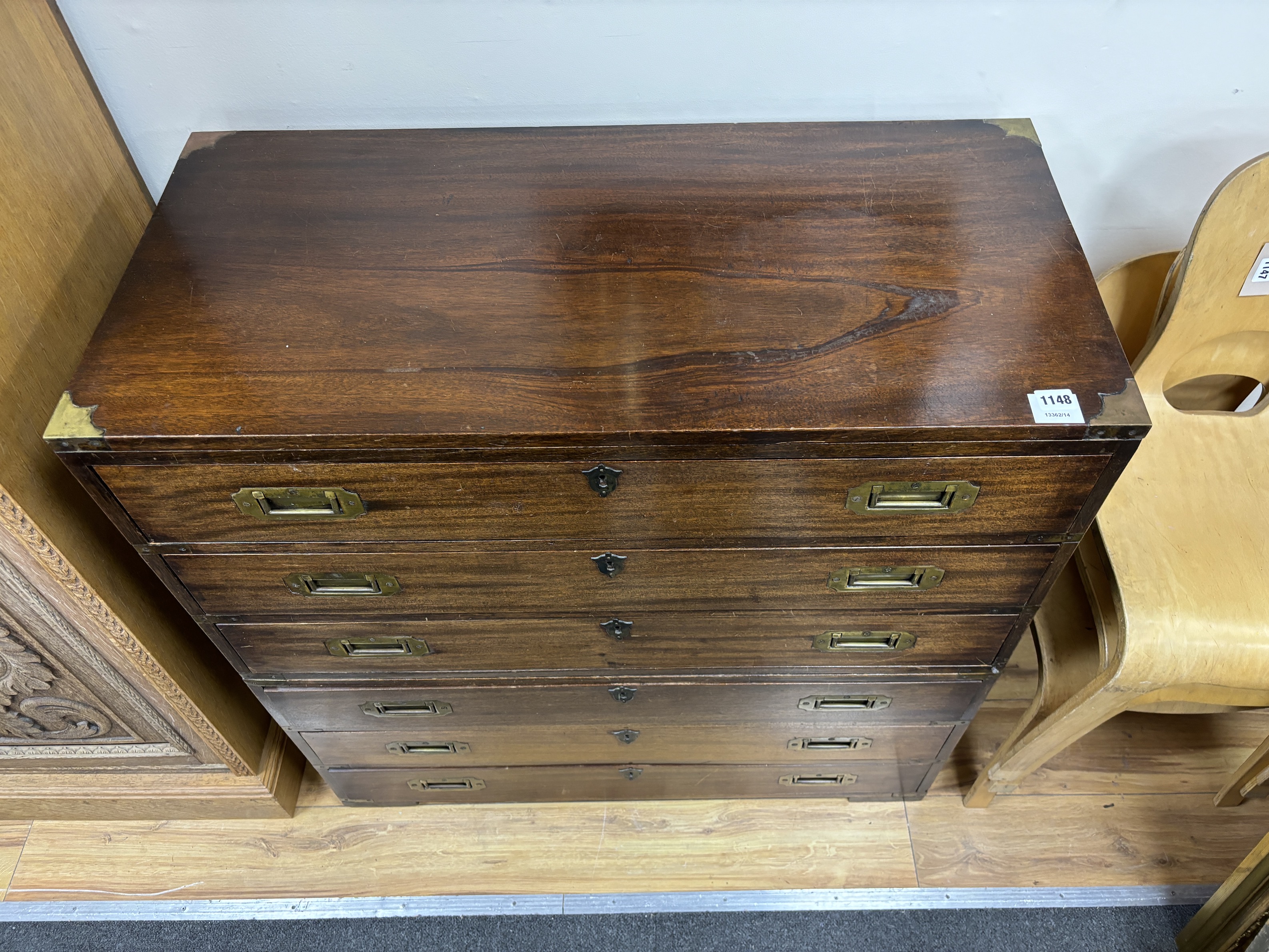 A brass mounted military style mahogany six drawer two part chest, width 91cm, depth 43cm, height 93cm